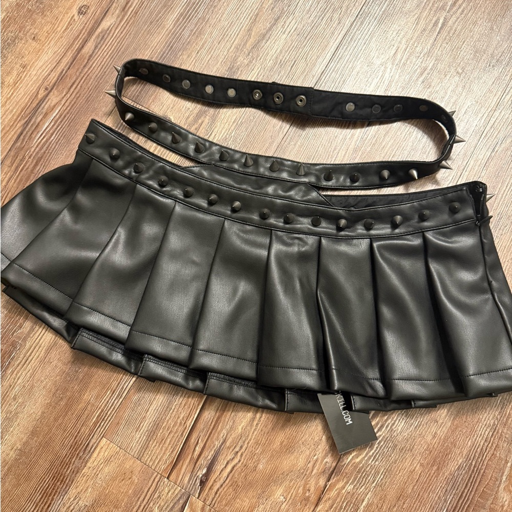 Black vegan leather spiked pleated skirt dollskill